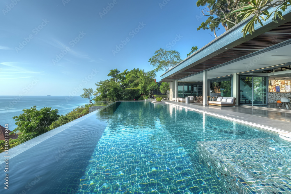 Poster a large pool with a beautiful view of the ocean