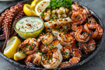A plate of shrimp and octopus with a yellow sauce