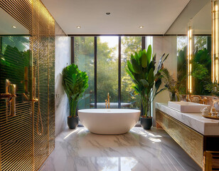 A luxurious bathroom with marble floors and walls, a freestanding bathtub in the center