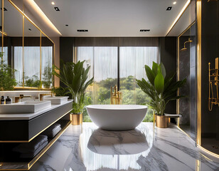 A luxurious bathroom with marble floors and walls, a freestanding bathtub in the center