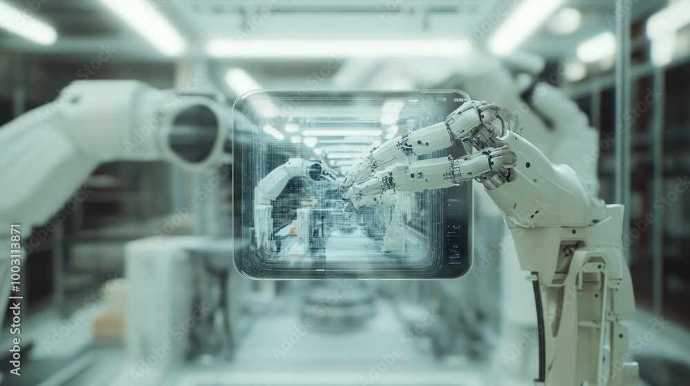 Poster blurred out future driven factory with robot arms working in the background, foreground a transparen
