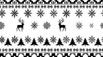 A black and white Nordic-style pattern with reindeer