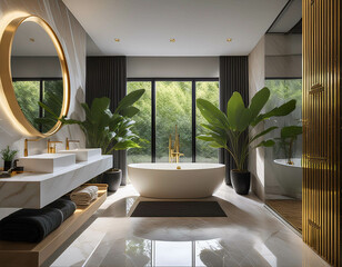 Fototapeta premium A luxurious bathroom with marble floors and walls, a freestanding bathtub in the center