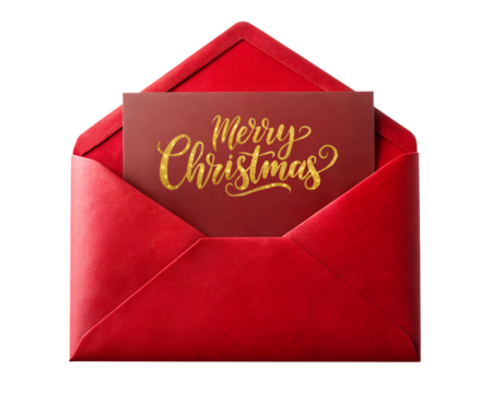 Red Envelope with letter card with Merry Christmas congratulations text, Isolated on White Transparent Background, PNG Element