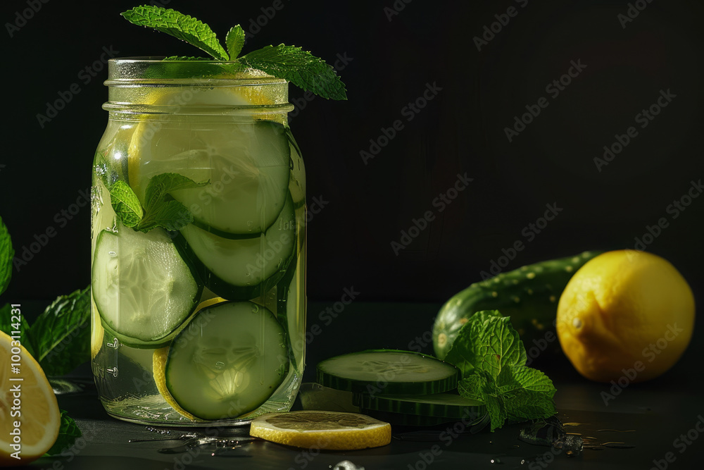 Poster a jar of cucumber slices is sitting on a table next to a lemon
