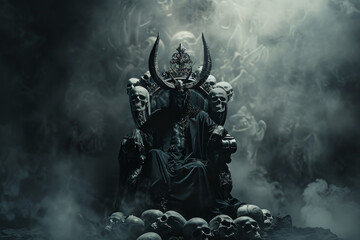 Fototapeta premium A man sits on a throne surrounded by skulls