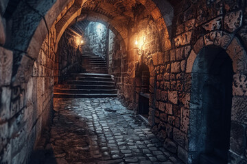 A dark, narrow passage with a stone archway leading to a room