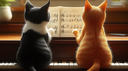 Two cats on a piano, one black and one orange, intrigued by music notes.