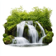 Fototapeta premium Waterfall with lush green foliage, white isolate background