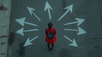 Choosing future profession. Girl standing in front of drawn signs on asphalt, top view. Arrows pointing in different directions as diversity of opportunities