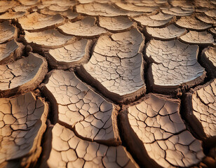 A macro shot of cracked, dry earth in a barren landscape, emphasizing the rough texture