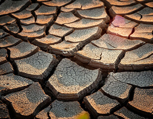 A macro shot of cracked, dry earth in a barren landscape, emphasizing the rough texture