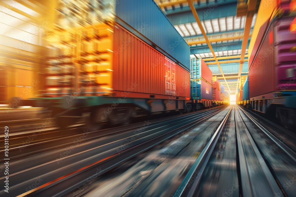 Poster a train is moving down a track with many orange and red containers behind it