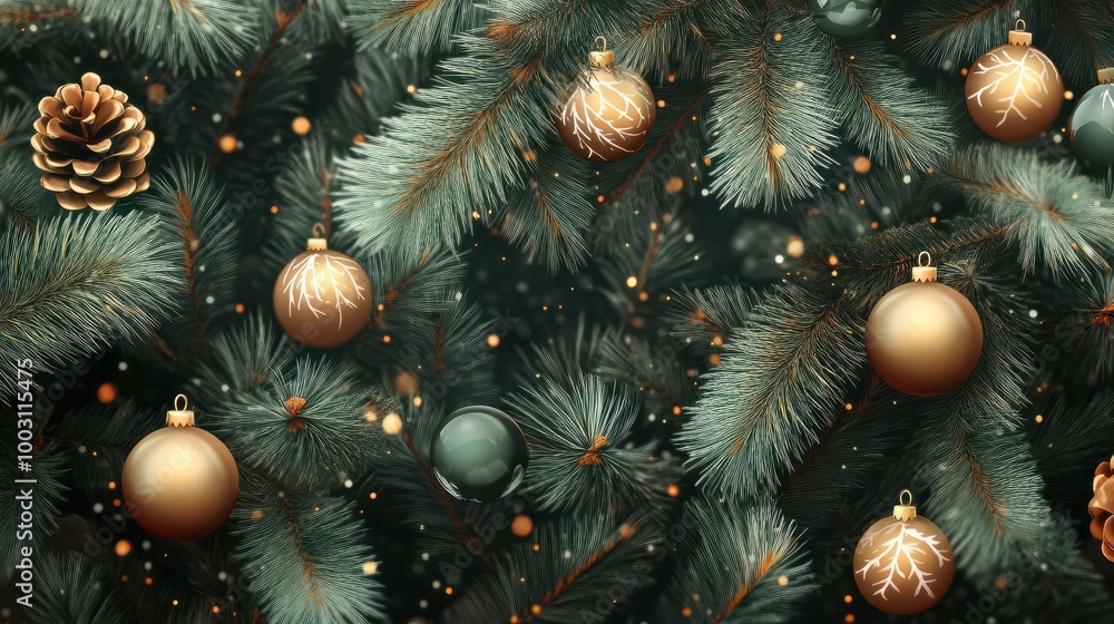 Poster christmas background with balls and fir branches created with Generative AI.