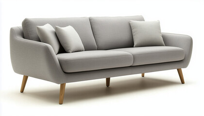 Obraz premium Modern minimalist sofa with wooden legs, gray fabric upholstery, and soft cushions