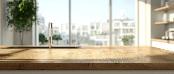 Fototapeta premium Wooden kitchen countertop with a blurry city view in the background.