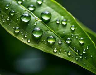 A macro shot of water droplets on a green leaf, with the surface reflecting light.