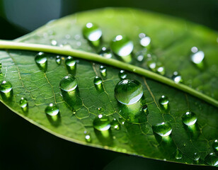 A macro shot of water droplets on a green leaf, with the surface reflecting light.