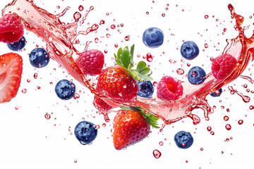 A splash of fruit juice with strawberries, blueberries, and raspberries