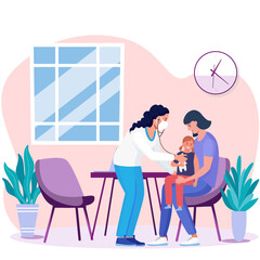female general practitioner conducts consultation in her office for mother and her child