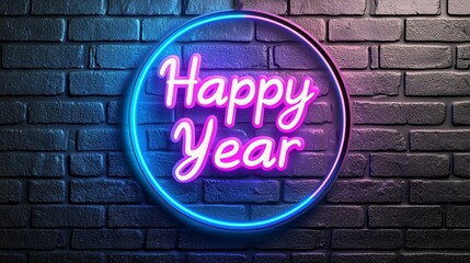 Fototapeta premium Neon 'Happy Year' sign on black brick wall background