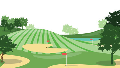 Naklejka premium Vector illustration of a beautiful landscape of a golf course. Cartoon scene of wonderful landscape with hilly plains, green trees with lush crowns, trunks, sports field golf, red flags, river.