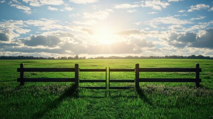 Fototapeta premium Concept of putting gates to the field, bright sky with sunshine and green meadow