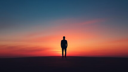 A lone figure standing at sunset on Yom Kippur, gazing at the horizon, reflecting on the day of atonement and personal growth calm and introspective 