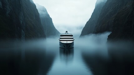 Fototapeta premium A lone cruise ship navigating a misty fjord, dramatic cliffs rising on either side, solo passenger watching from the bow 