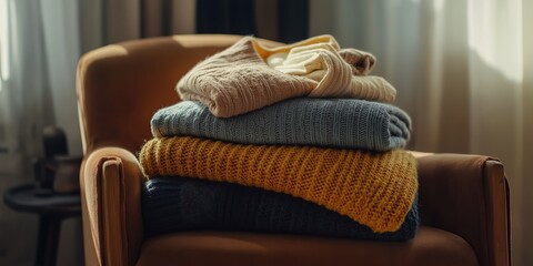 A pile of clothes on a chair, with a yellow sweater on top