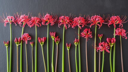 Obraz premium Lycoris radiata (Red Spider Lily) flowers on dark color background, dramatic romantic sad concept, mysterious beauty.