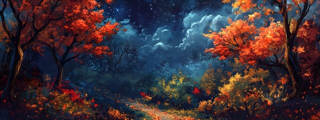 Obraz premium Painting a forest with autumn colors, with trees and leaves changing color in the background