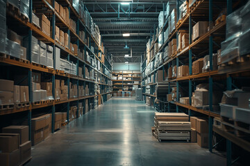 Obraz premium A large warehouse with many boxes on the shelves
