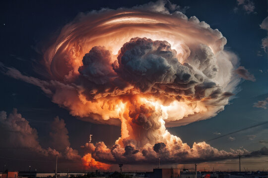Dramatic cumulonimbus cloud formation resembling a nuclear explosion, captured with intense colors and a powerful atmosphere over an urban landscape. Generative AI