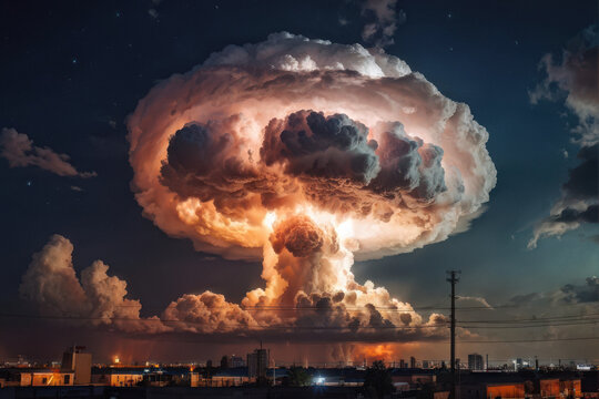 Dramatic cumulonimbus cloud formation resembling a nuclear explosion, creating a striking visual in the sky over an urban landscape, illuminated by intense lighting. Generative AI