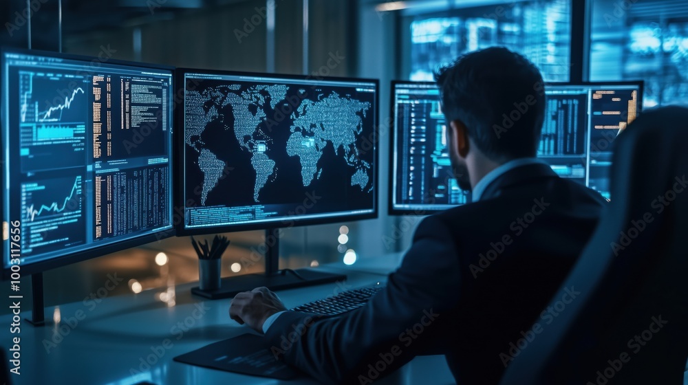 Poster data analysis in modern office with multiple screens
