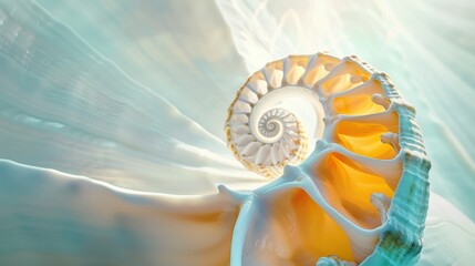Nautilus shell in closeup, showcasing its iconic spiral pattern. The shell's geometric design is a stunning piece of nature's art.