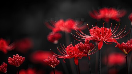 Lycoris radiata (Red Spider Lily) flowers on dark color background, dramatic romantic sad concept, mysterious beauty.