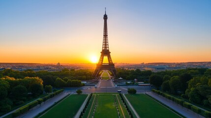 Aerial view of the Eiffel Tower at sunset surrounded by green parks and the cityscape