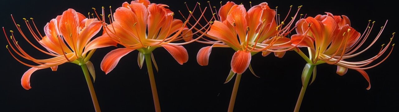 Lycoris radiata (Red Spider Lily) flowers on dark color background, dramatic romantic sad concept, mysterious beauty.