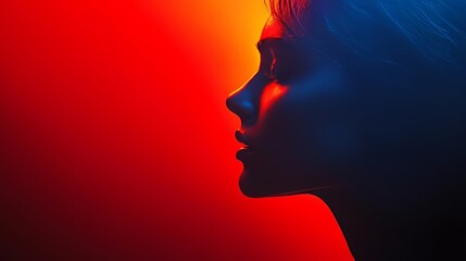 A woman's face is shown in a red background