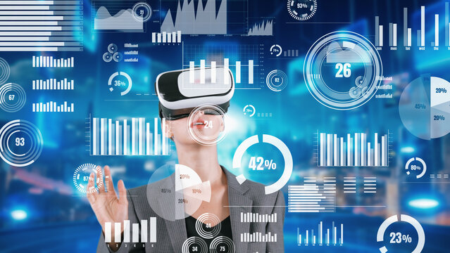 Woman pressing start opening VR analyze financial business at office uploading transform to interface digital infographic network technology virtual 3d animation meta programing at front. Contraption.