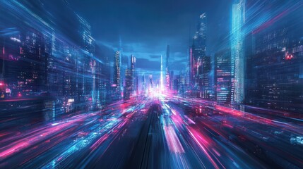 Obraz premium Futuristic cityscape with glowing neon lights and dynamic motion blur, themes of future cities, technology, and urban development, wide banner.