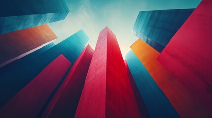 Fototapeta premium A colorful cityscape with tall buildings in red, blue, and yellow