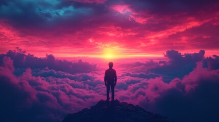 Obraz premium A man stands on a mountain top, looking out at the sunset