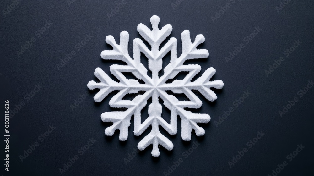 Poster bold, unusual snowflake with jagged, geometric patterns, centered on a dark gray gradient background