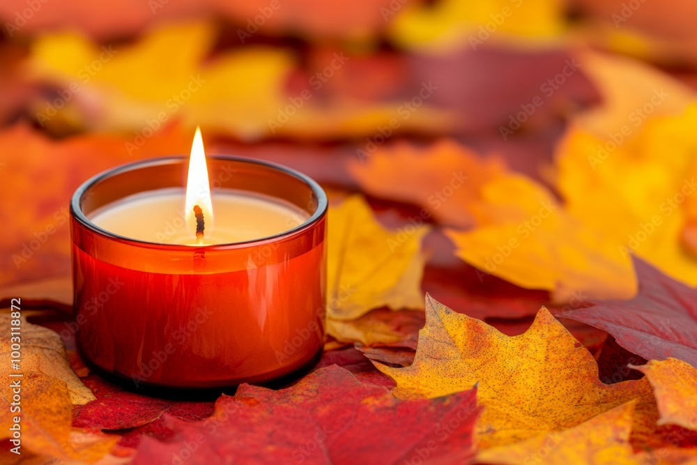 Poster burning candle with a warm glow surrounded by vibrant autumn leaves background with empty space for 