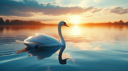 Fototapeta premium A swan is swimming in a lake at sunset