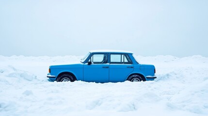 Car stuck in deep snow with spinning wheels winter travel difficulties 