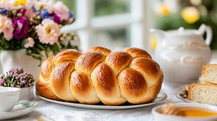 Challah bread and honey on a festive Rosh Hashanah table surrounded by symbolic foods and floral decorations traditional celebration 